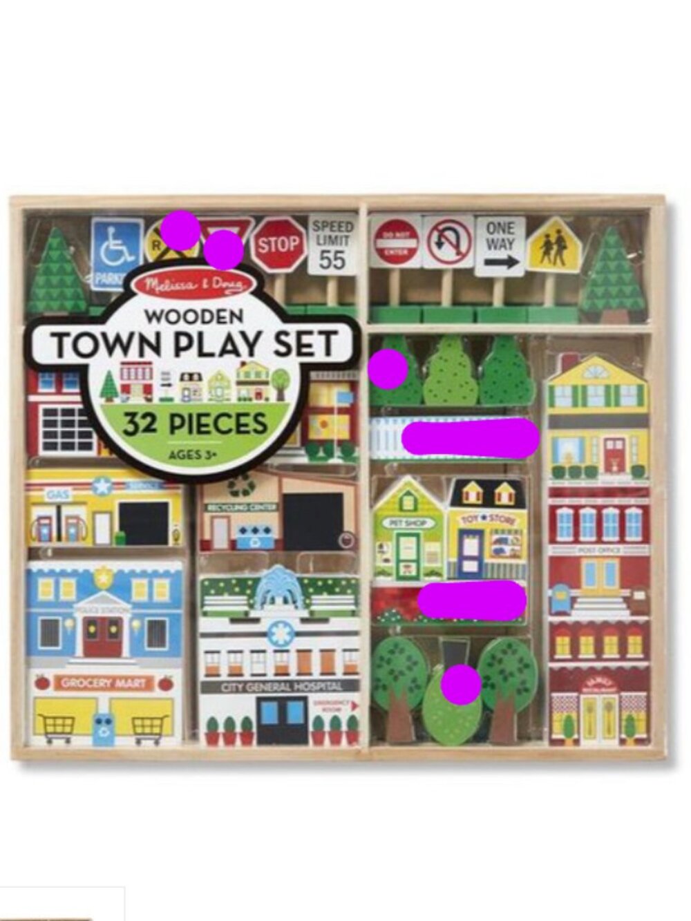 Melissa and Doug Set of 28 Wooden Town Playset with Two Cars #4796